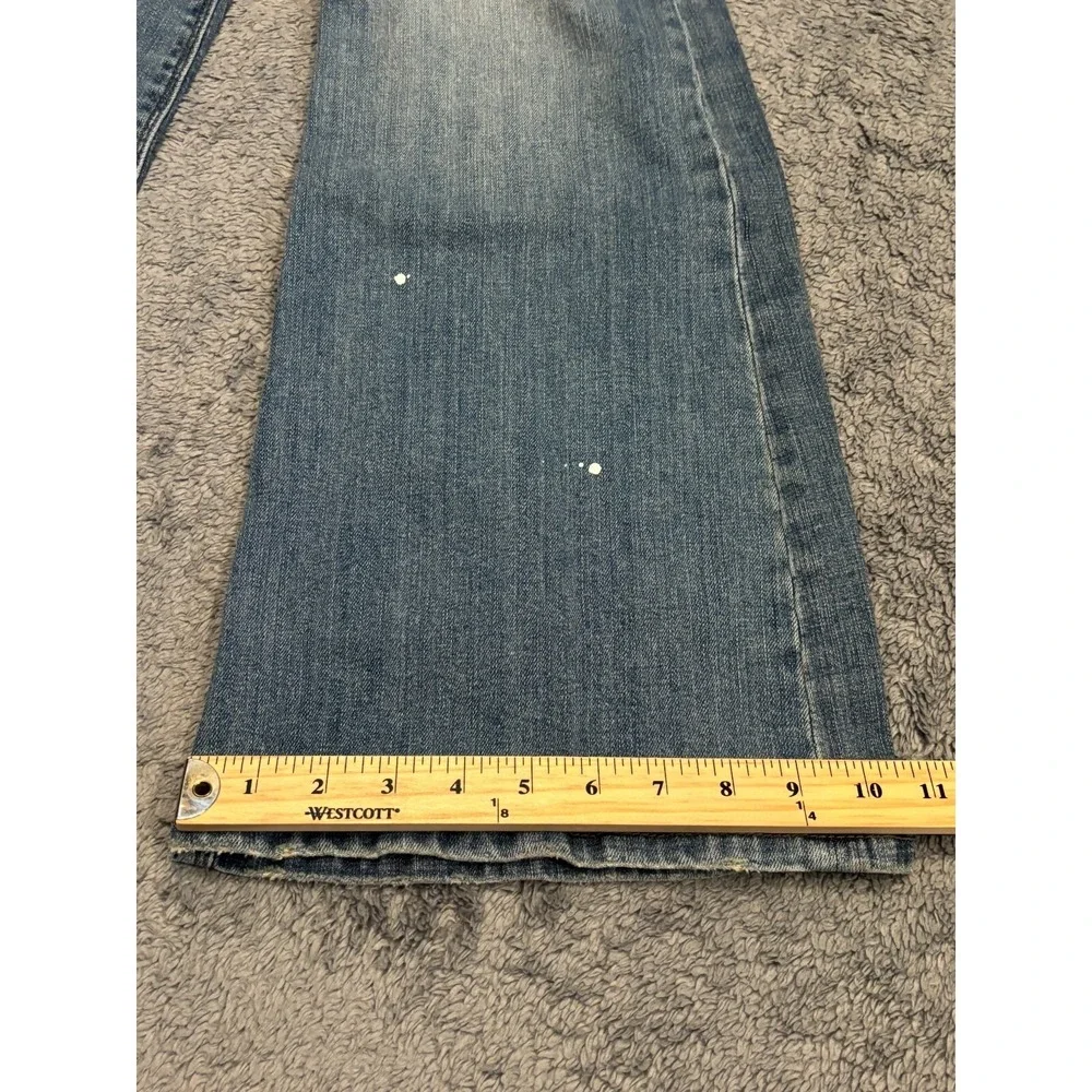 DKNY Jeans Womens 6 Soho Flare Denim Blue Medium Wash Distressed Hippie Splatter